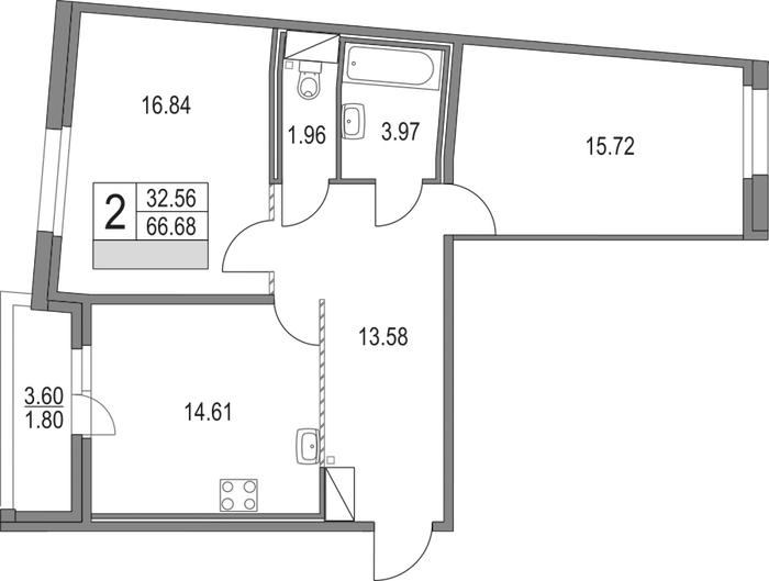 2-комнатная квартира 66.68 м², 4/16 эт., ЖК «Приморский квартал»